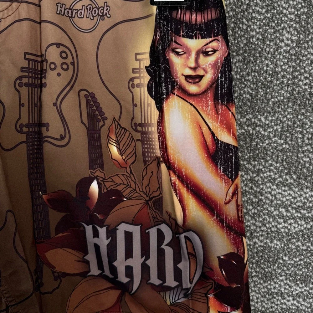 Hard Rock Boardshorts Vintage Surf Pinup Mens 32 Brown Guitar Graphic Swim Trunk